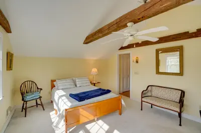 a bedroom with a bed and a ceiling fan at Historic New Lebanon Hideaway on 33 Private Acres! in New Lebanon