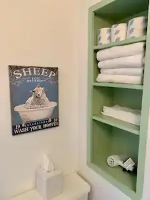 a bathroom with a shelf with a picture of a dog in a bath tub at INCREDIBLE Northern Westchester Historic Hideaway in South Salem