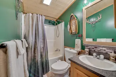 a bathroom with a toilet and a sink and a shower at Northville Cabin with Fire Pit, 4 Mi to Boat Ramp! in Northville