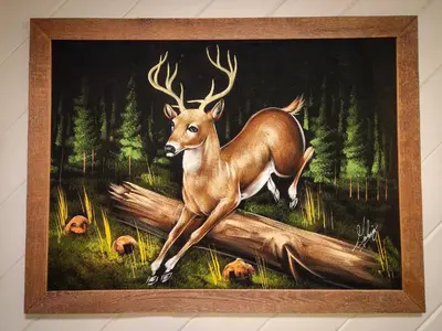 a painting of a deer standing on a log at Belleayre Lodge in Pine Hill