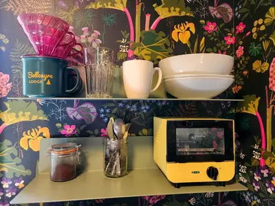 a shelf with a microwave and other items on it at Belleayre Lodge in Pine Hill