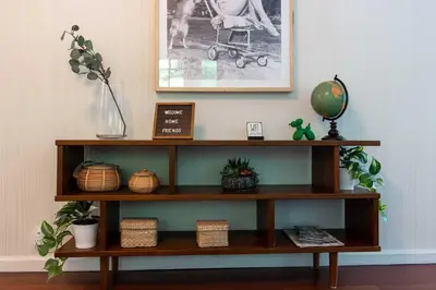 a shelf with plants and a picture on a wall at Berkshire Vacation Rentals: Great Barrington Walkable To Lake And Town in Great Barrington
