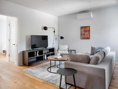 a living room with a couch and a tv at Modern Three Bedroom Brooklyn Condo-Hotel in Brooklyn