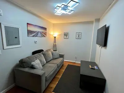 a living room with a couch and a television at Downtown Albany 1 Bed + Workstation @ Maiden Lane in Albany
