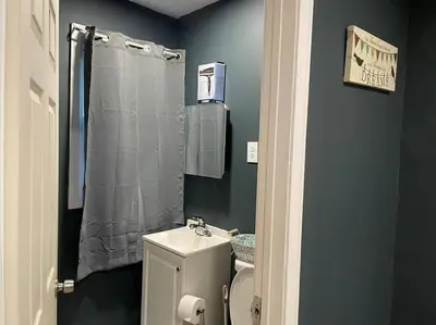 a bathroom with a toilet and a shower curtain at Fashionably cozy2 in Meriden