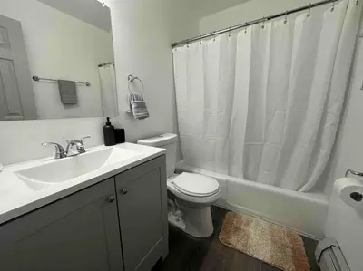 a bathroom with a sink and a toilet and a shower at 2 KING Beds WD Parking Stylish GREAT VALUE in Schenectady