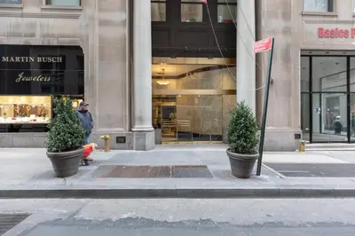 two plants in pots on a sidewalk in front of a building at Fidi 1br w doorman wd nr south st seaport NYC-1306 in New York