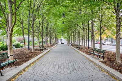 a walkway with benches and trees in a park at Fidi 1br w doorman wd nr south st seaport NYC-1306 in New York