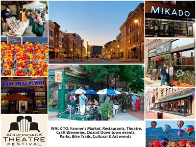 a collage of photos of a city with people walking at 2 BR Loft - Walk to Cafes-Breweries- Arts & Entertainment District in Glens Falls