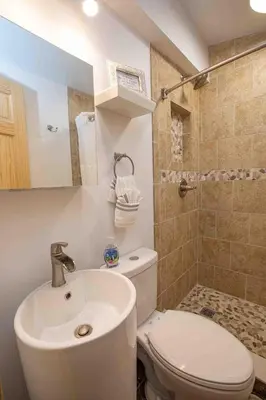 a bathroom with a sink and a toilet and a shower at Rocky Point #1 in Hamilton