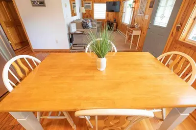 a wooden table with chairs and a potted plant on it at Hamilton Home #4 in Hamilton