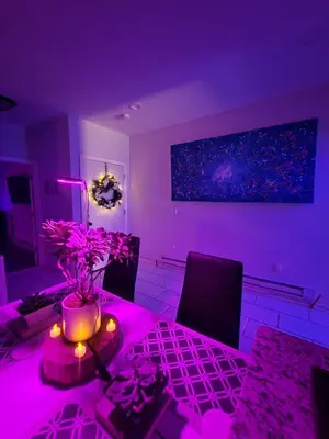 a dining room with a table with purple lighting at Zen Oasis Room in Newark
