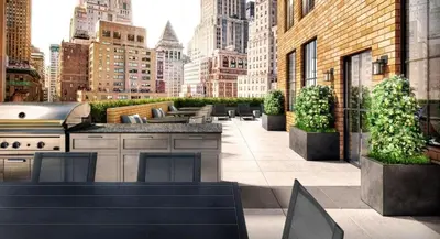 a rooftop patio with a grill and tables and chairs at FiDi 1br w fitness center nr freedom tower NYC-1340 in New York