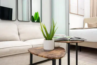 a living room with a couch and a table with a plant at 317-1B Modern 1Br UES W D in New York