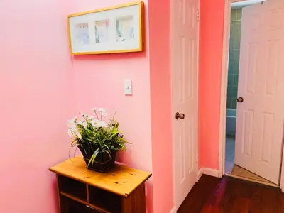 a room with pink walls and a vase of flowers on a table at The Pink Paradise in Bronxdale