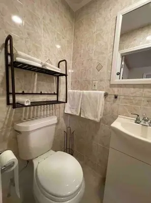 a bathroom with a white toilet and a sink at Entire Cozy 1BR Apartment in heart of Queens L in Whitestone