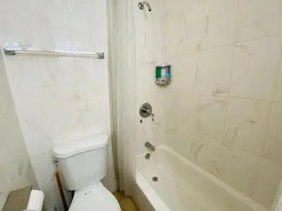 a bathroom with a toilet and a tub and a sink at NYC Oasis in Mott Haven