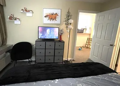 a bedroom with a bed and a television on a dresser at Deluxe Mountain Fox Suite Jiminy Peak - Ski On Off - Fully Redone Decor in Hancock