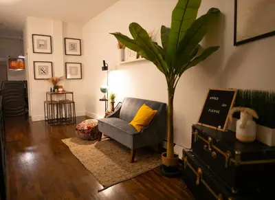 a living room with a chair and a potted plant at Private room with private bathroom and backyard in Brooklyn