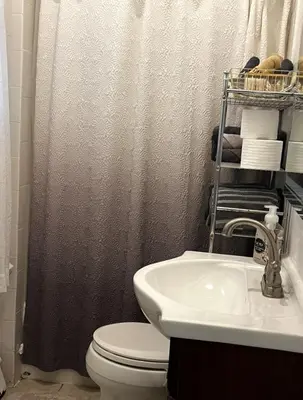 a bathroom with a shower curtain and a toilet and a sink at K-Marie Estate in Mount Vernon