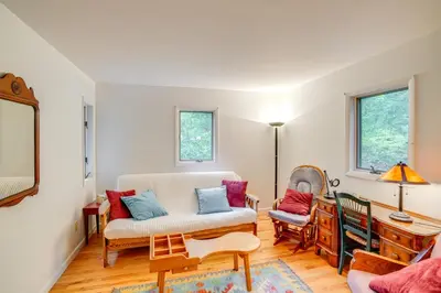 a living room with a couch and two chairs at Great Barrington Lakeside Getaway with Kayak and Grill in Great Barrington