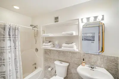 a bathroom with a sink and a toilet and a shower at Great Barrington Lakeside Getaway with Kayak and Grill in Great Barrington