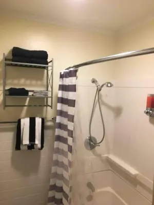 a bathroom with a shower with a black and white shower curtain at The luxury lounge in Schenectady