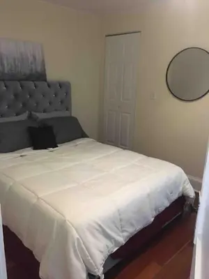 a large white bed in a bedroom with a mirror at The luxury lounge in Schenectady