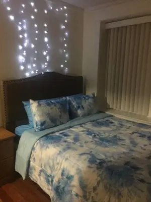 a bedroom with a bed with lights on the wall at 2 bedroom suite in Schenectady
