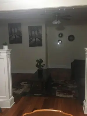 a living room with a table and a potted plant at 2 bedroom suite in Schenectady