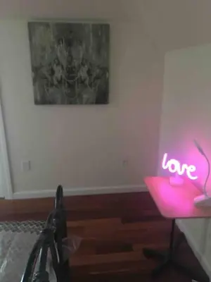 a room with a pink chair with a love sign on it at Lovely one bedroom with free parking in Schenectady