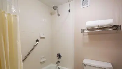 a bathroom with a shower and a toilet and a sink at Best Western Springfield West Inn in West Springfield