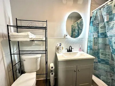 a bathroom with a toilet and a sink and a mirror at Perfect stay for couples in Springfield
