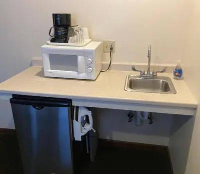 a kitchen counter with a sink and a microwave at The Hotel Pratt in Cooperstown