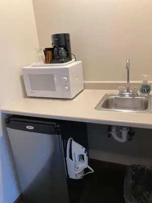a kitchen counter with a microwave and a sink at The Hotel Pratt in Cooperstown