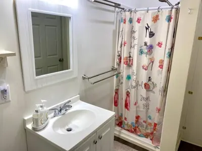a bathroom with a sink and a shower curtain at Water Street Apartments in Williamstown