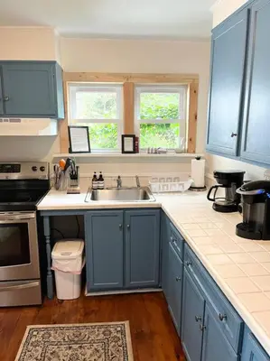 a kitchen with blue cabinets and a sink at Catskills Quaint Cottage with Peloton Minutes from Hiking in Mount Tremper