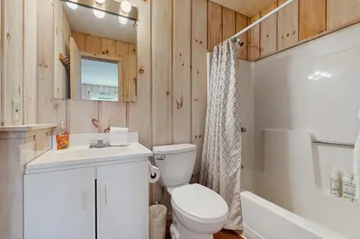 a bathroom with a toilet and a sink and a tub at Bear's Crossing Retreat in Dover