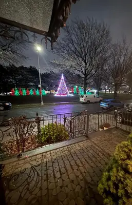 a christmas tree in a parking lot at night at Eleni’s Charming Studio in North Beach