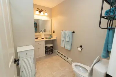 a bathroom with a toilet and a sink and a mirror at 14mi to Mt. Snow! Arcade, Private Suite, King Bed! in Whitingham
