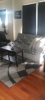 a living room with a bed and a coffee table at The place to relax in Schenectady