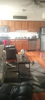 a living room with a couch and a coffee table at The place to relax in Schenectady
