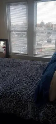 a bedroom with a bed and two windows at the rest spot in Schenectady
