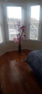 a vase with flowers in a room with windows at the rest spot in Schenectady