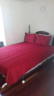 a red bed with red pillows in a room at Suite 3 in Schenectady