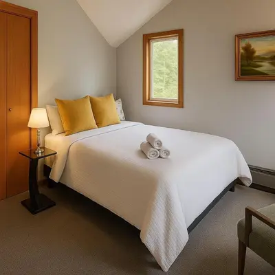 a bedroom with a large white bed with yellow pillows at Sunny Peace B&B in Harwinton