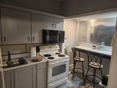 a kitchen with a white stove and a microwave at Fortune Suits and Apartment in Albany