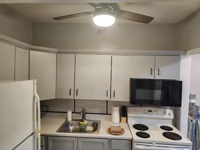 a kitchen with a sink and a stove and a microwave at Fortune Suits and Apartment in Albany