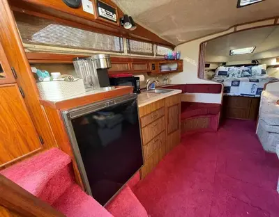 a kitchen in an rv with a sink and a counter at Private Yacht on Catskill Creek in Catskill