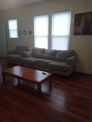 a living room with a couch and a coffee table at comfy cozy roomy in Schenectady